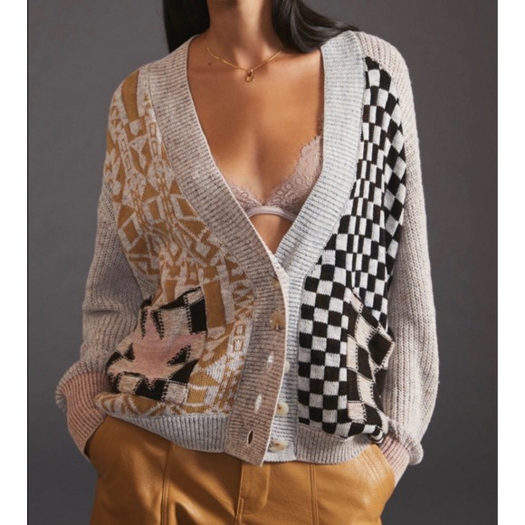 Anthropologie Sweaters - Anthropologie Pilcro Mash Up Knit Cardigan Patchwork Checkerboard Star - XSmall
